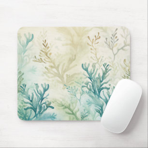 Tapis De Souris Aquarelle Océan Algues Plantes Beige Turquoise Aqu