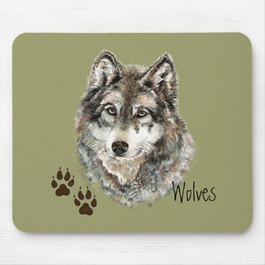 Tapis De Souris Aquarelle originale Loup gris - Traces animal (Devant)