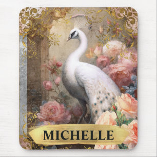 Tapis De Souris Aquarelle Paon Blanc Vintage et Roses Roses
