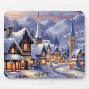 Tapis De Souris Aquarelle Paysage hivernal Village de Noël