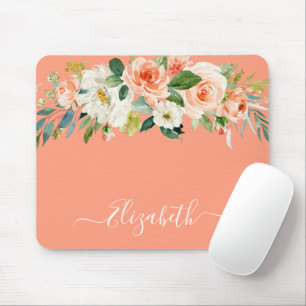 Tapis De Souris Aquarelle Peach White Floral Script tendance