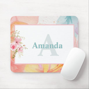 Tapis De Souris Aquarelle personnalisée Nom floral et monogramme