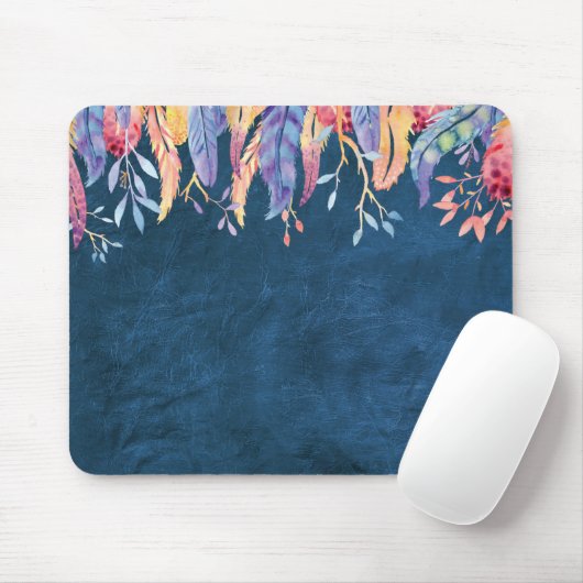 Tapis De Souris Aquarelle Plumes en cuir bleu (Avec souris)