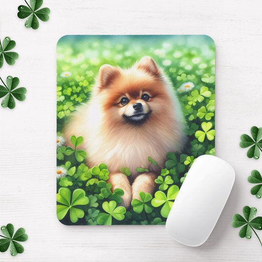 Tapis De Souris Aquarelle Pomeranian Shamrock vert