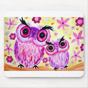 Tapis De Souris Aquarelle rose de mère et de fille de hibou