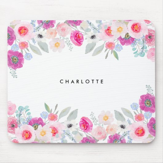 Tapis De Souris Aquarelle rose et violet pastel Garland floral (Devant)