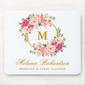 Tapis De Souris Aquarelle rose Floral Wreath Monogramme Or (Devant)