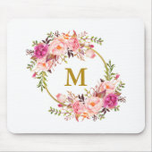 Tapis De Souris Aquarelle rose Floral Wreath Or Monogramme (Devant)