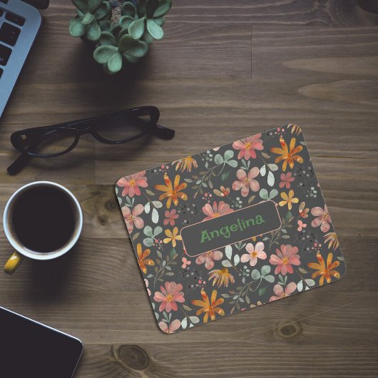 Tapis De Souris Aquarelle rose motif botanique gris pavé souris