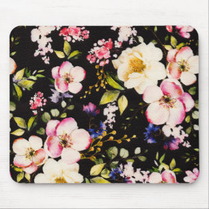 Tapis De Souris Aquarelle rose Roses Jaunes Arrière - plan noir