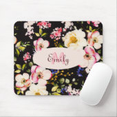 Tapis De Souris Aquarelle rose Roses jaunes sur noir, Monogramme (Avec souris)