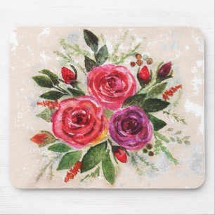 Tapis De Souris Aquarelle rose violet rose fleurs florales feuille