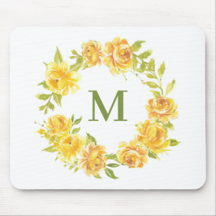 Tapis De Souris Aquarelle Roses jaunes Floral Wreath Monogramme