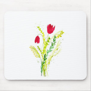 Tapis De Souris Aquarelle Rouge Poppies Verdure Fleur sauvage rust