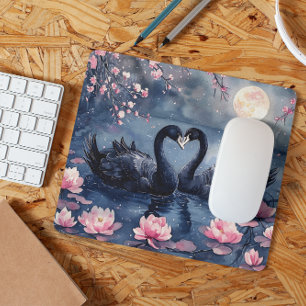 Tapis De Souris Aquarelle Saint-Valentin Lune Swan Couple Floral