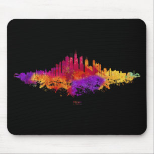 Tapis De Souris Aquarelle Skyline de Chicago en blanc