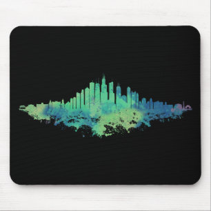 Tapis De Souris Aquarelle Skyline de Chicago en bleu et vert