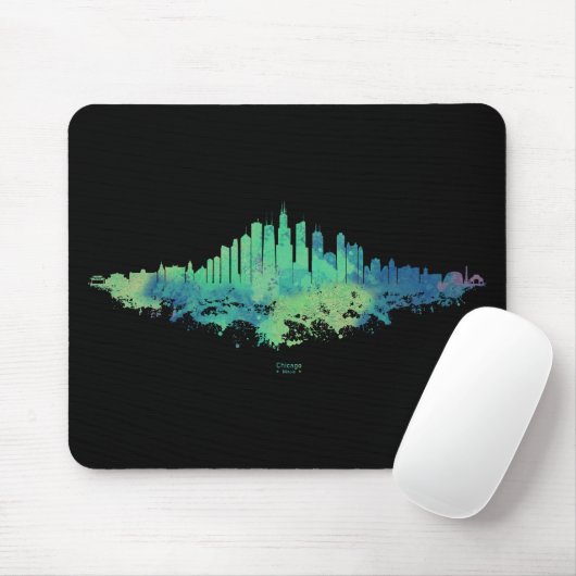Tapis De Souris Aquarelle Skyline de Chicago en bleu et vert (Avec souris)