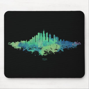 Tapis De Souris Aquarelle Skyline de Chicago en bleu et vert