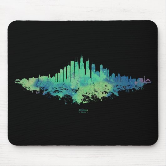Tapis De Souris Aquarelle Skyline de Chicago en bleu et vert (Devant)