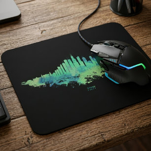 Tapis De Souris Aquarelle Skyline de Chicago en bleu et vert