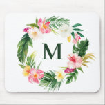 Tapis De Souris Aquarelle Tropical Botanical Wreath Monogramme<br><div class="desc">Tropical thème personnalisable monogramme mousepad. Il présente une couronne d'aquarelle de fleurs tropicales telles que l'hibiscus et la plumeria aux accents de verdure. Personnalisez en ajoutant votre monogramme. Ce monogramme tropical est parfait comme cadeau personnalisé.</div>