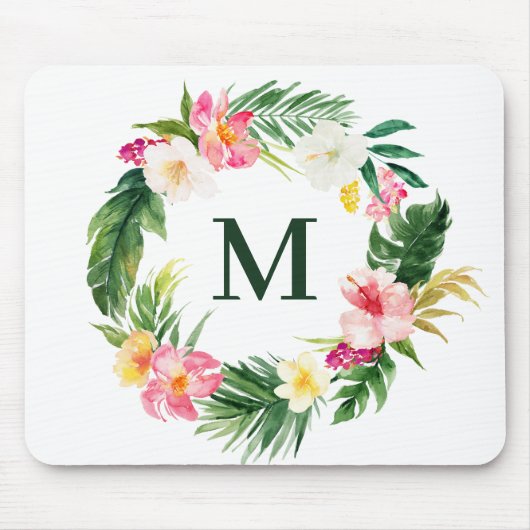 Tapis De Souris Aquarelle Tropical Botanical Wreath Monogramme (Devant)