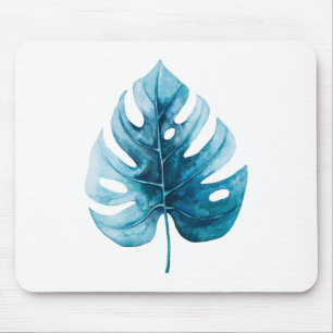 Tapis De Souris Aquarelle Tropicale simple Feuille bleue