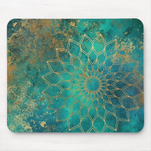 Tapis De Souris Aquarelle Turquoise Abstraite Grunge d'or Mandala (Devant)