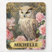 Aquarelle Vintage Chouette blanche et roses roses