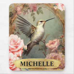 Tapis De Souris Aquarelle Vintage Colibri Blanc & Roses Roses