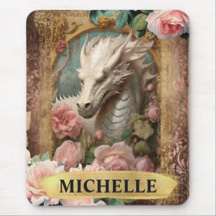 Tapis De Souris Aquarelle Vintage Dragon Blanc et Roses Roses