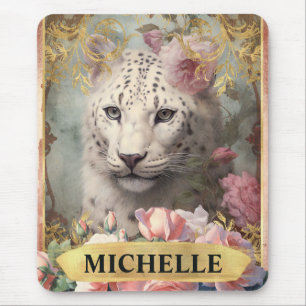 Tapis De Souris Aquarelle Vintage léopard blanc et roses roses ros