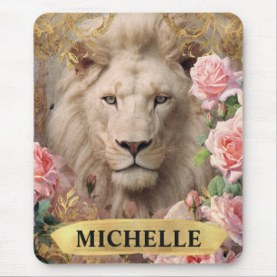 Tapis De Souris Aquarelle Vintage Lion Blanc et Roses Roses