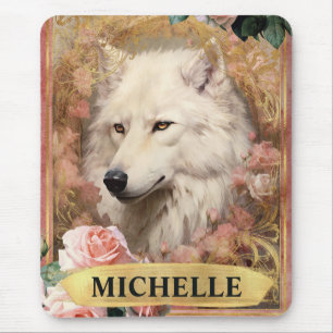 Tapis De Souris Aquarelle Vintage Loup Blanc et Roses Roses