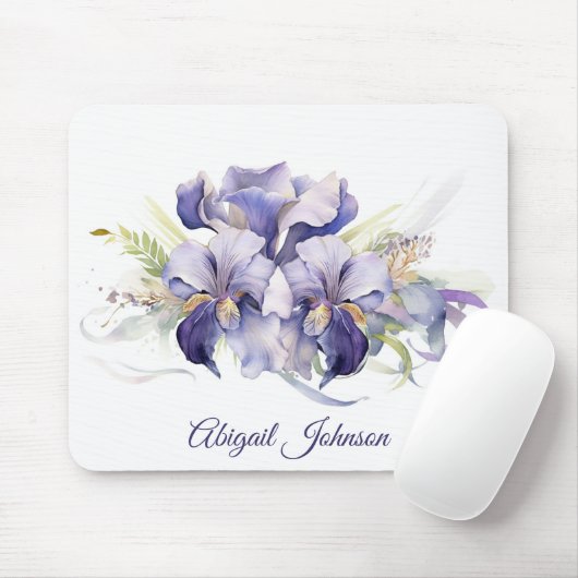 Tapis De Souris Aquarelle violet Iris Bouquet (Avec souris)