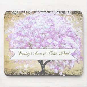 Tapis De Souris Arbre de lavande à feuilles en cœur Mariage oiseau