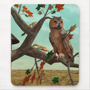 Tapis De Souris Arbre de l'érable de la chouette d'automne Art fau
