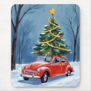 Tapis De Souris Arbre de Noël de voiture rouge antique