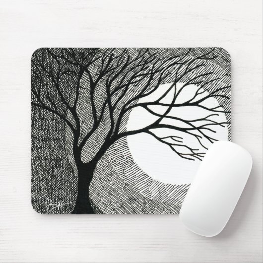 Tapis De Souris Arbre et lune d'hiver en noir et blanc (Avec souris)