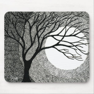Tapis De Souris Arbre et lune d'hiver en noir et blanc