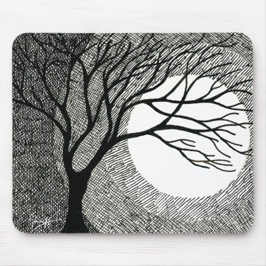 Tapis De Souris Arbre et lune d'hiver en noir et blanc (Devant)