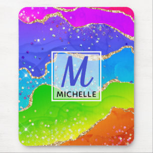Tapis De Souris Arc-en-ciel brillant et monogramme en agate à pail