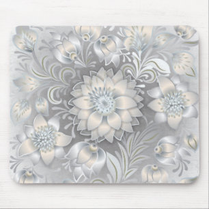 Tapis De Souris Argent neutre floral chic minable de blanc gris