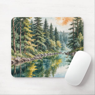 Tapis De Souris Art aquarelle d'une rivière dans une forêt