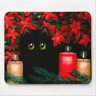 Tapis De Souris Art de chat de Noël Poinsettias Chat noir