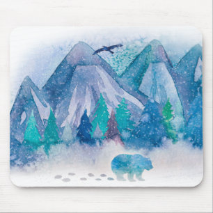 Tapis De Souris Art de paysage de montagne hivernal à l'aquarelle