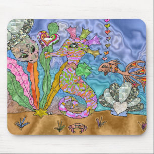 Tapis De Souris Art de Tortue de Mer Cheval Marin Psychédélique