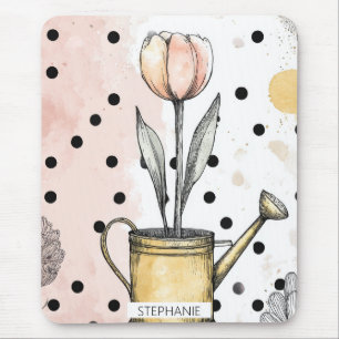Tapis De Souris Art de tulipe à l'aquarelle vintage à pois