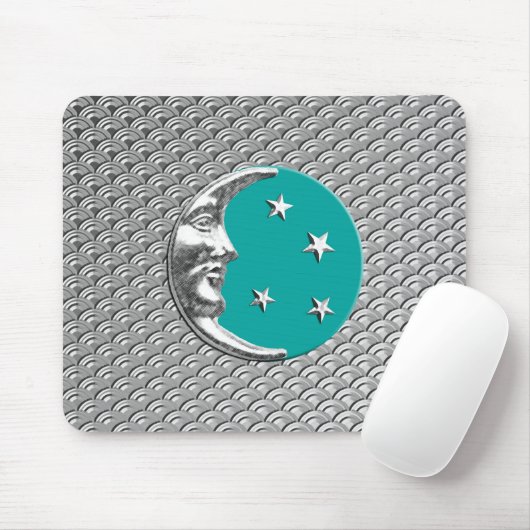 Tapis De Souris Art Déco Lune et étoiles - Turquoise & Silver (Avec souris)